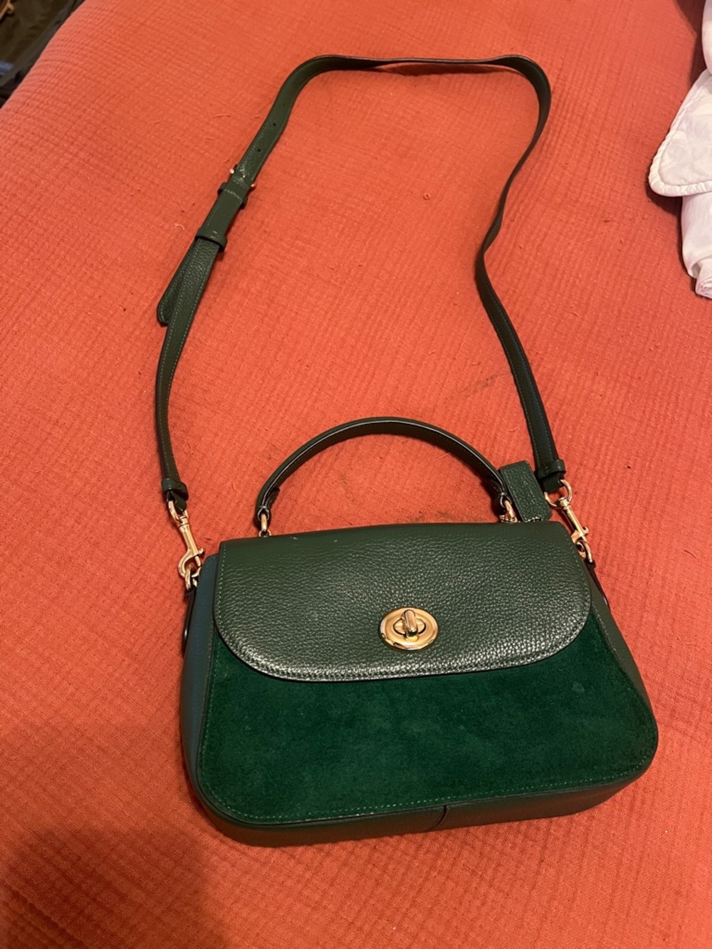 Coach Green Leather & Suede Crossbody with Gold Hardware